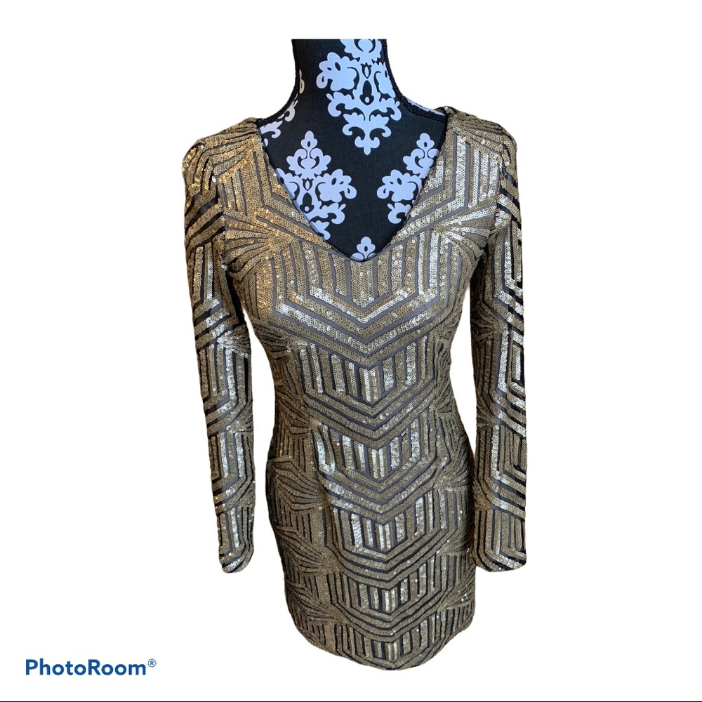 Gorgeous matte gold sequined mini dress.